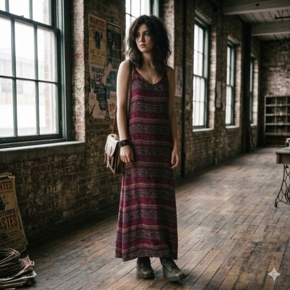 Deb Low Back‎ Strappy Paisley Maxi Dress Maroon Long Flowy 90s Y2K NEW L